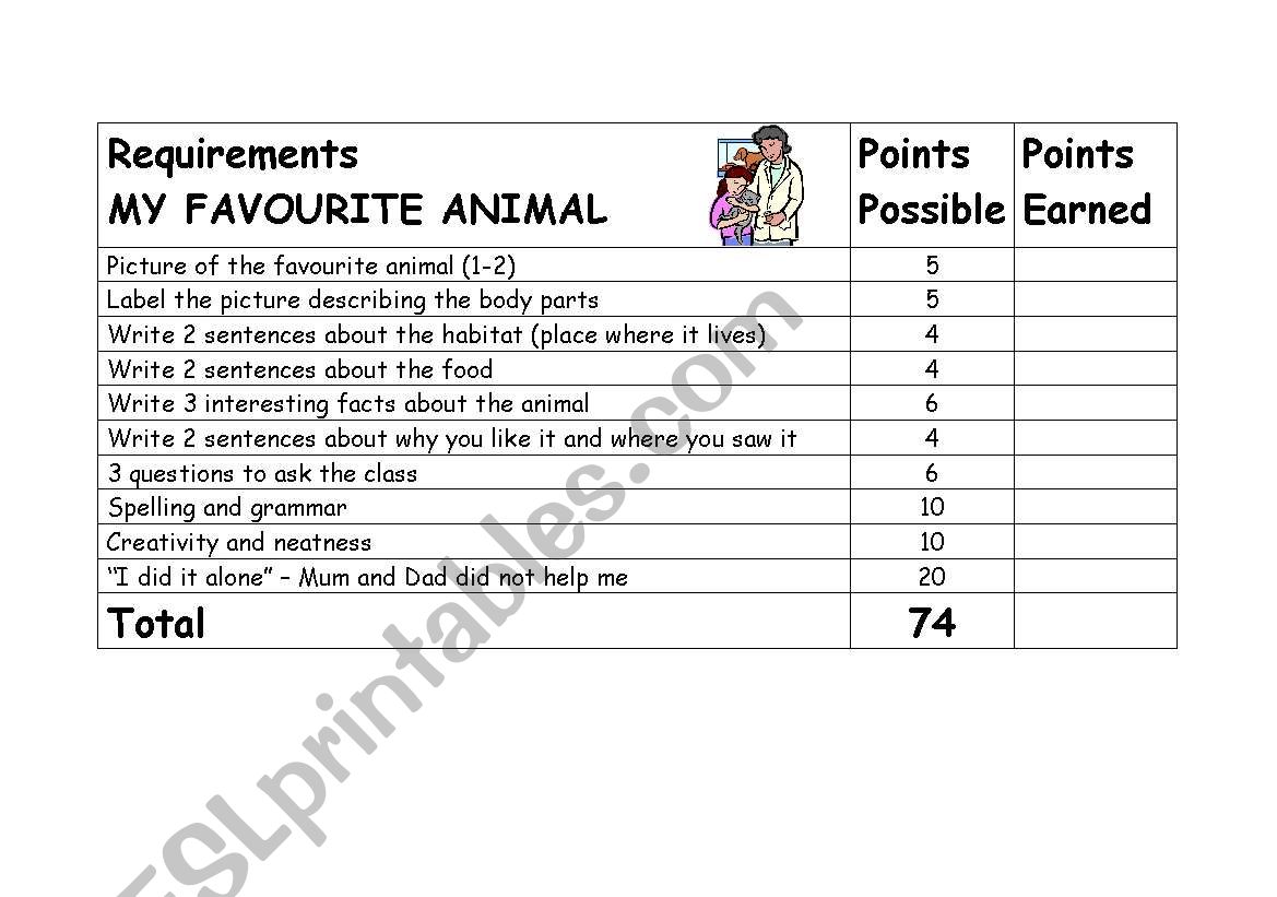 English worksheets: My favourite animal - project
