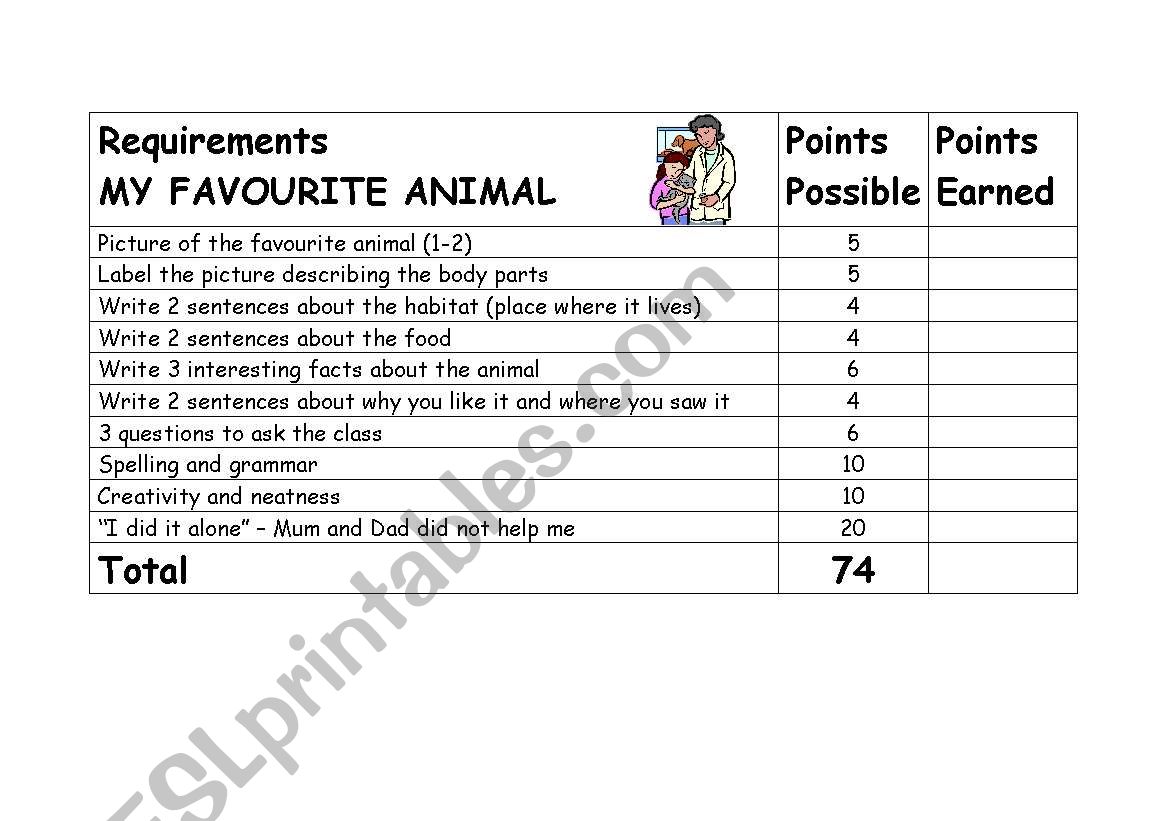 My favourite animal - project worksheet