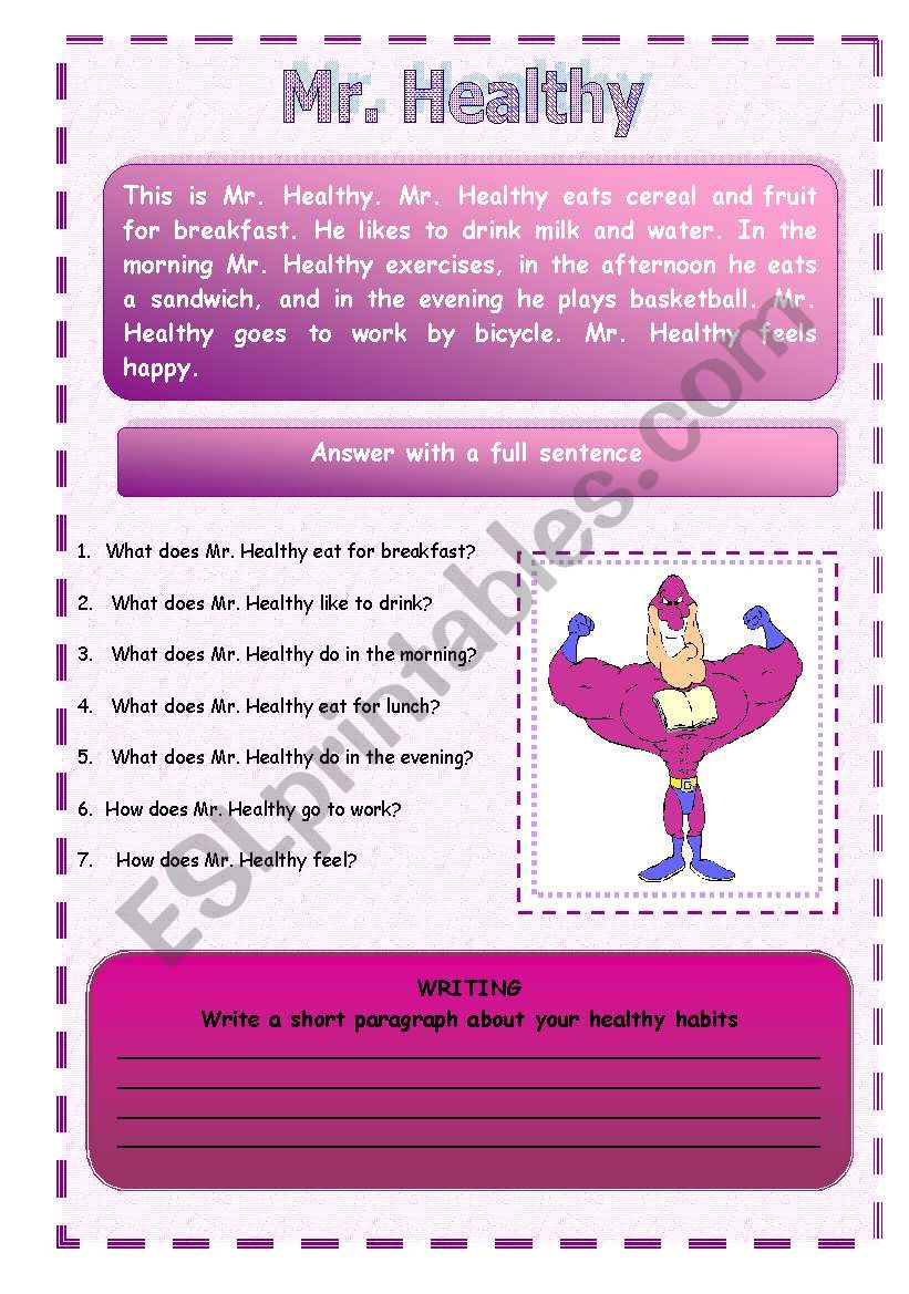 READING  :  Mr. Healthy worksheet