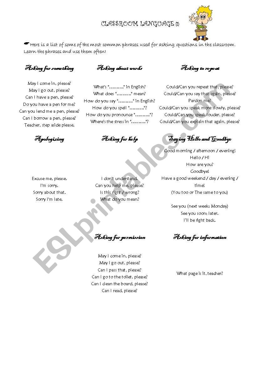 Classroom language worksheet