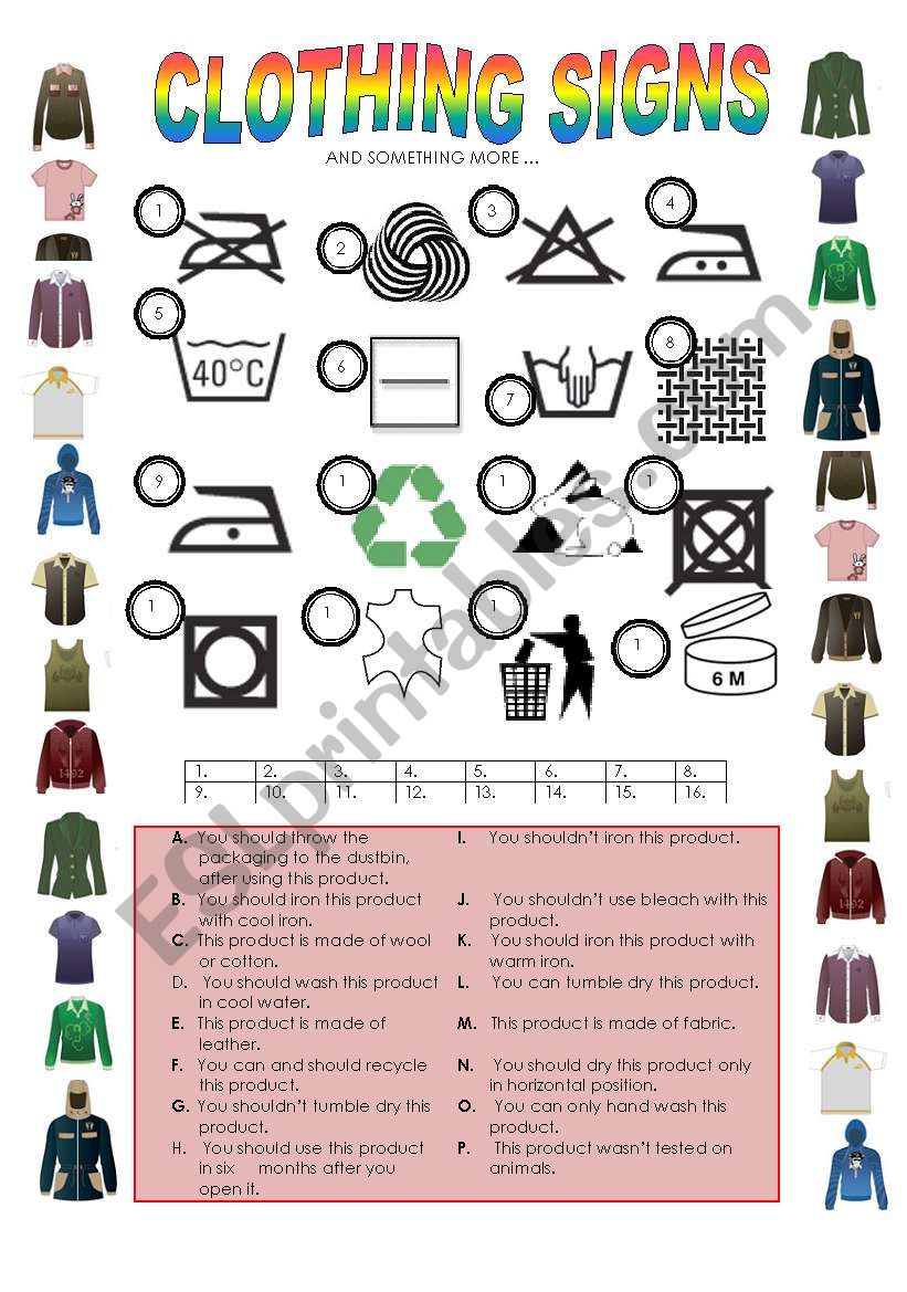 CLOTHING CARE LABELS worksheet