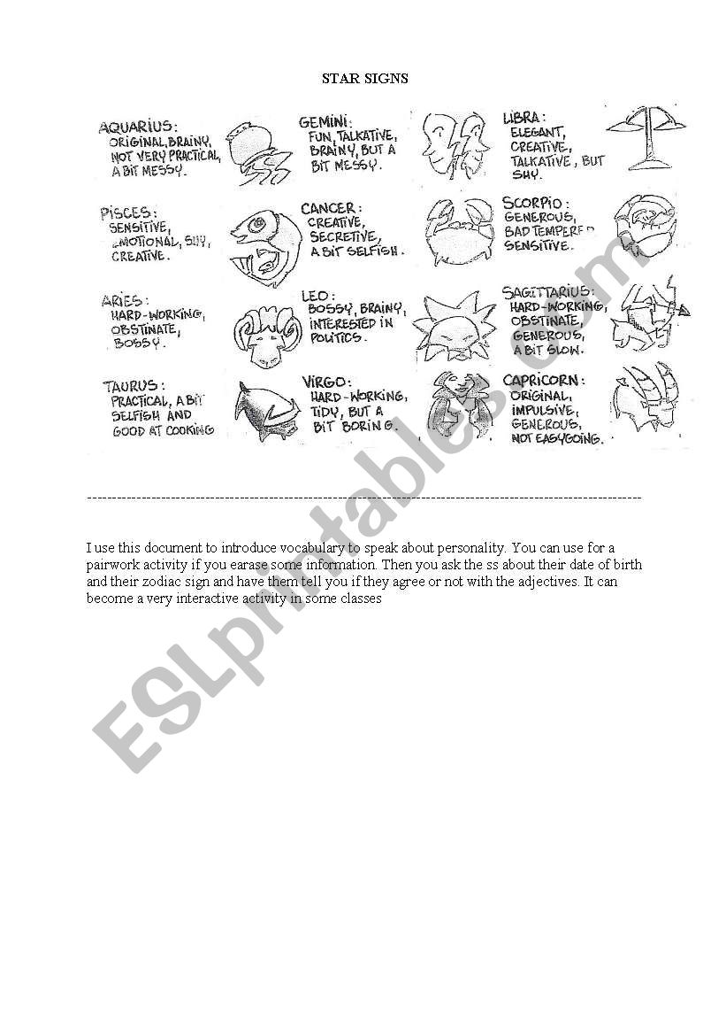 star signs worksheet