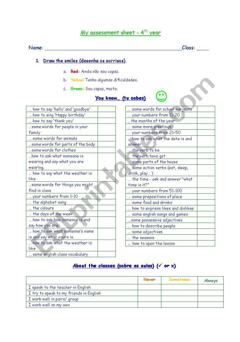 assessment sheet worksheet