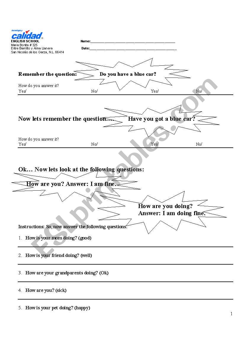 worksheet on practicing How questions