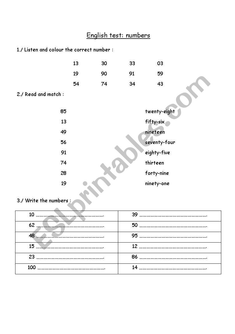 english test: numbers worksheet