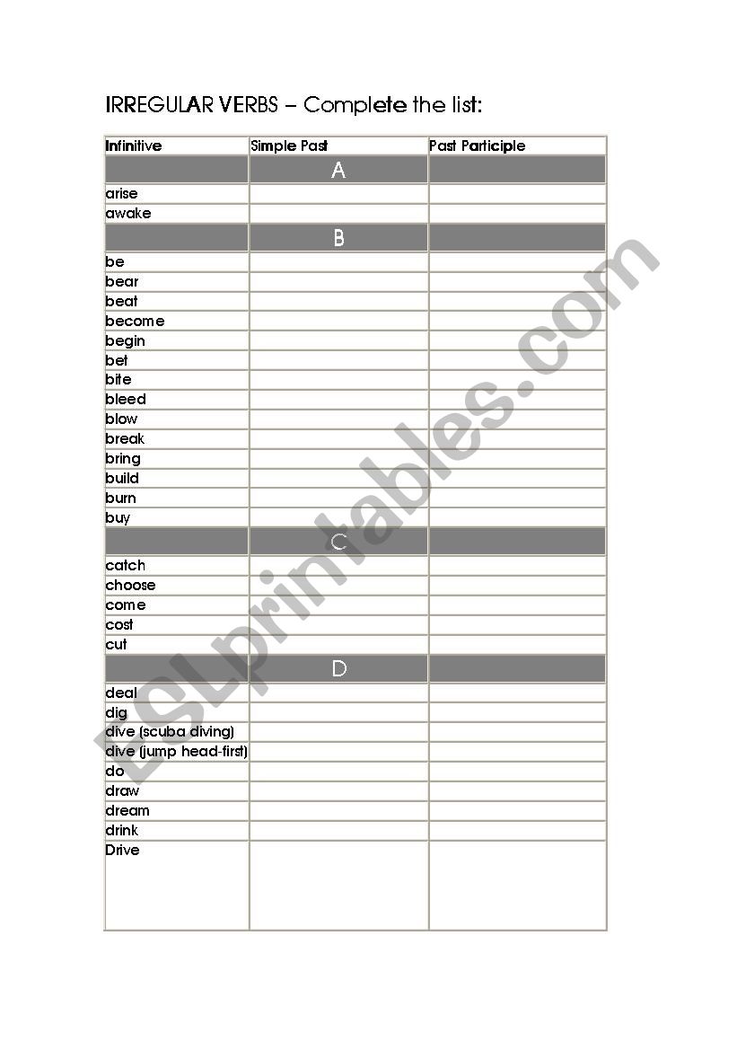 Irregular verbs exercise - complete the list (intermediate)