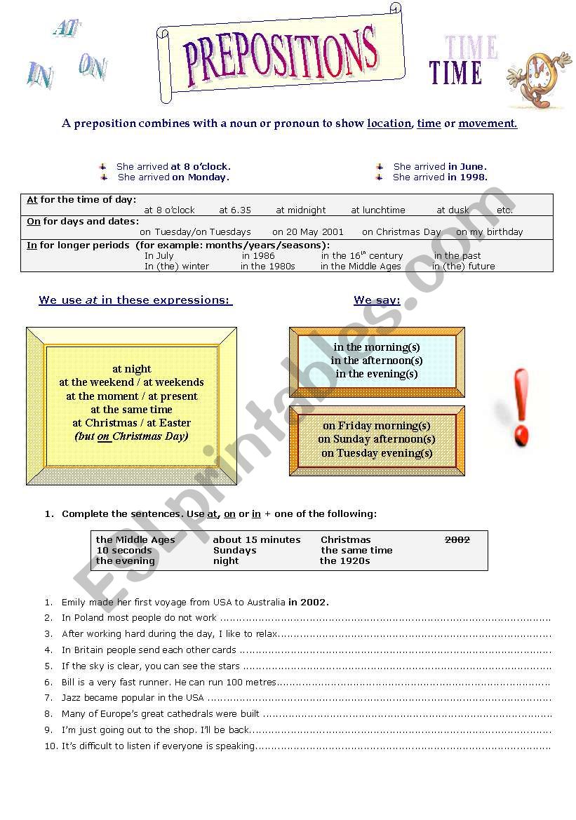 Prepositions of time worksheet