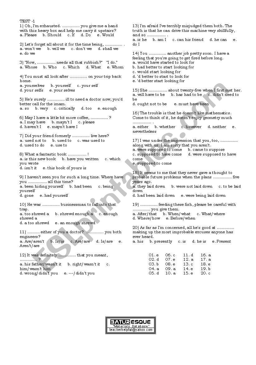 elementary test worksheet