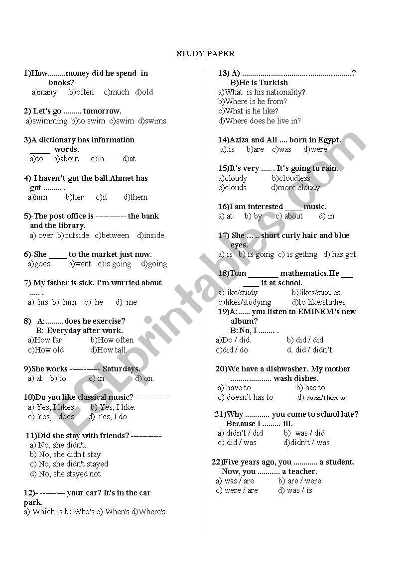 grammar revision worksheet