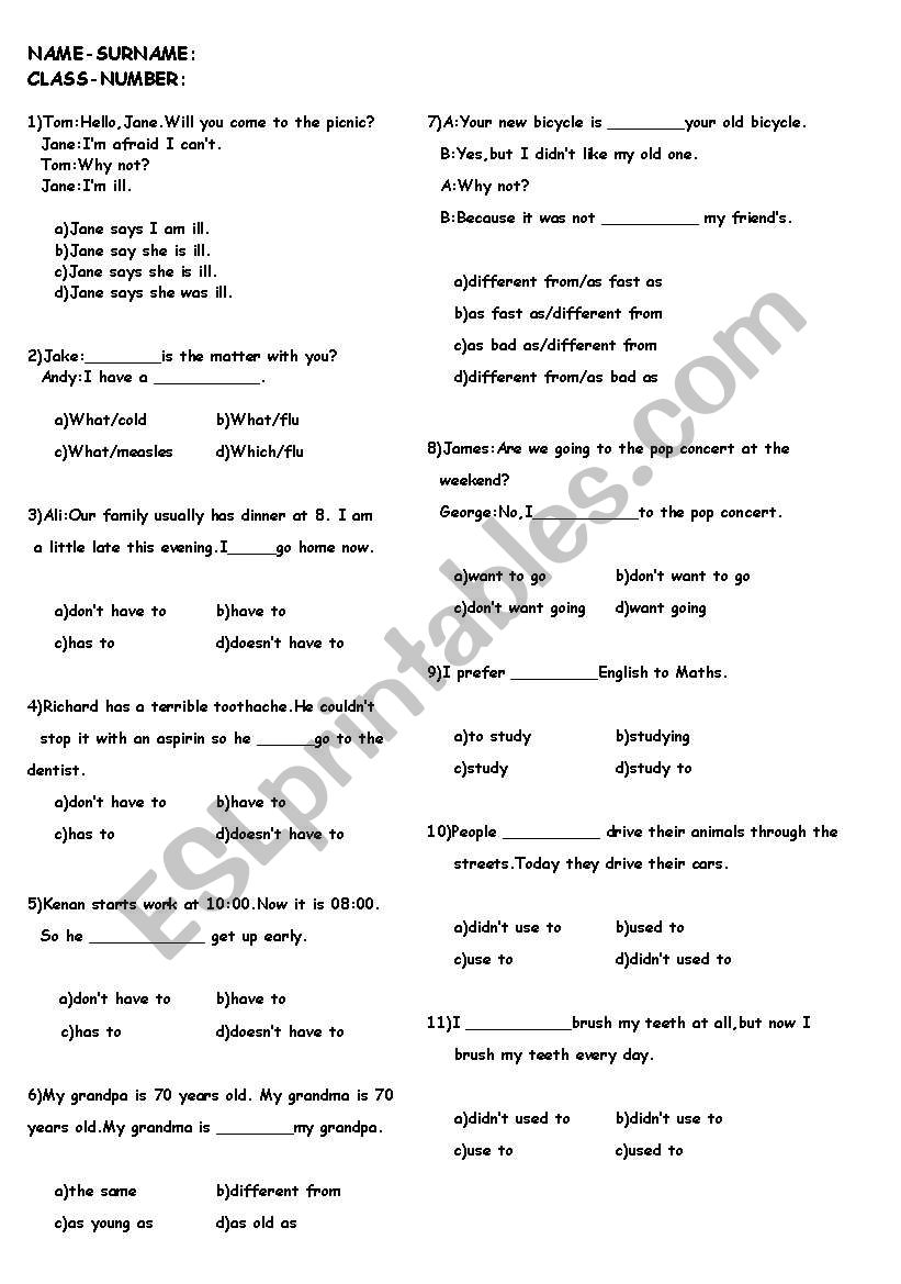 7th Grade Test worksheet