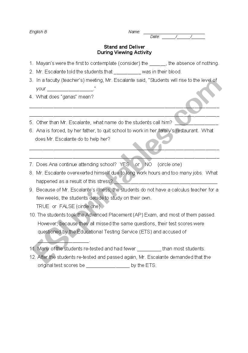 Stand and Deliver Video Presentation Worksheet