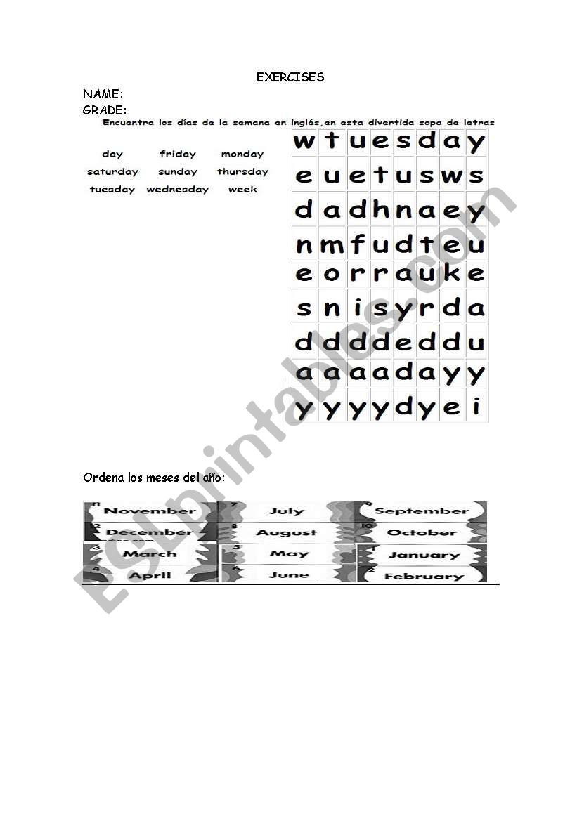 Days and months worksheet