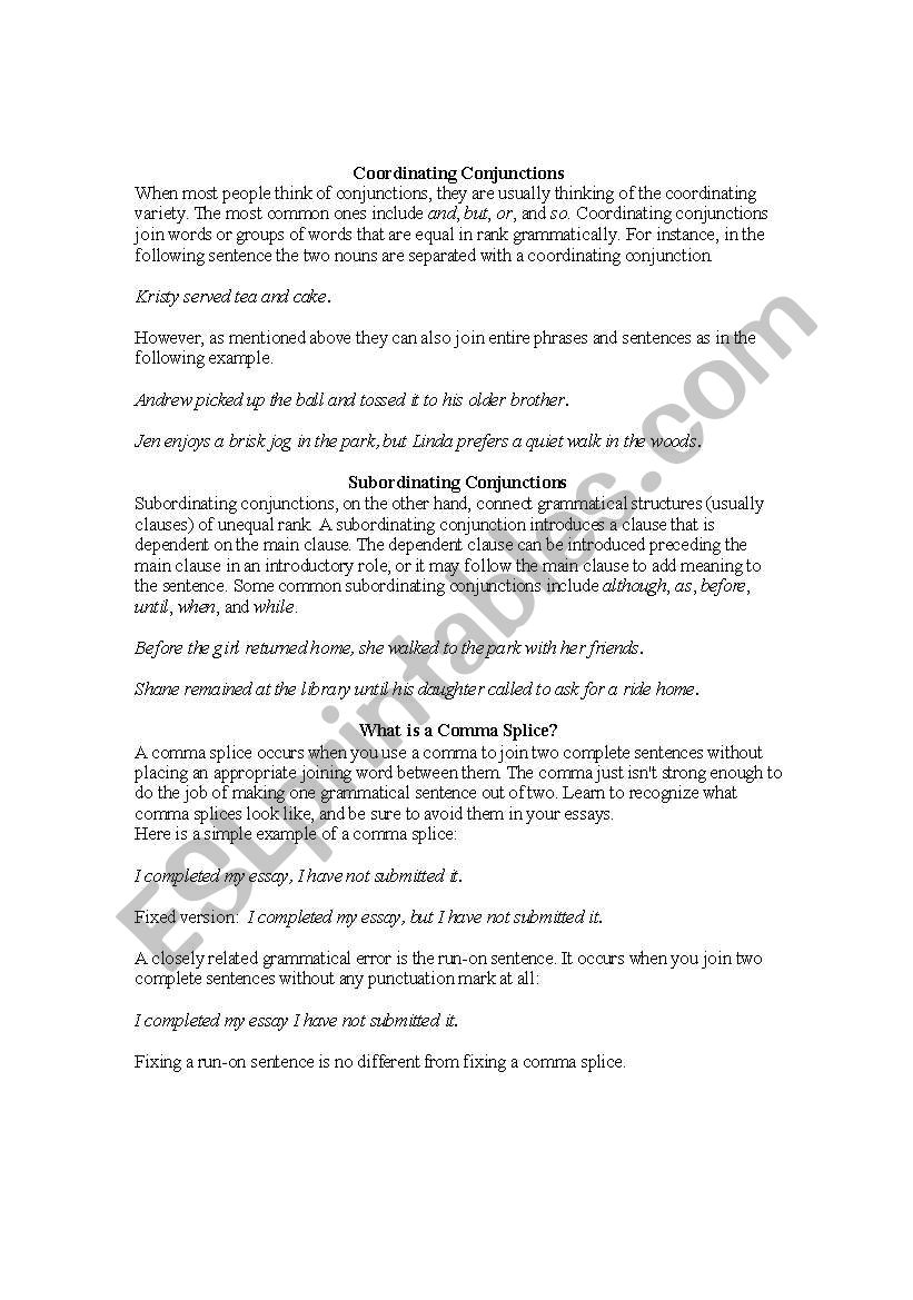 Coordinating & Subordinating Conjunctions Explanation Sheet