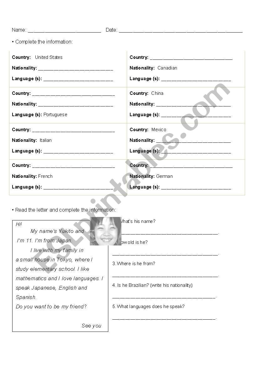 Countries and Nationalities worksheet