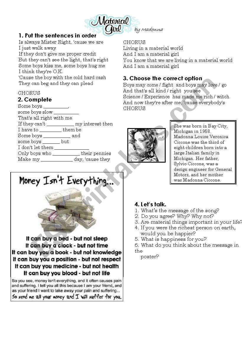 Madonna Material Girl Song worksheet