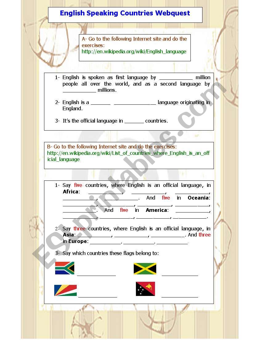 English Speaking countries worksheet