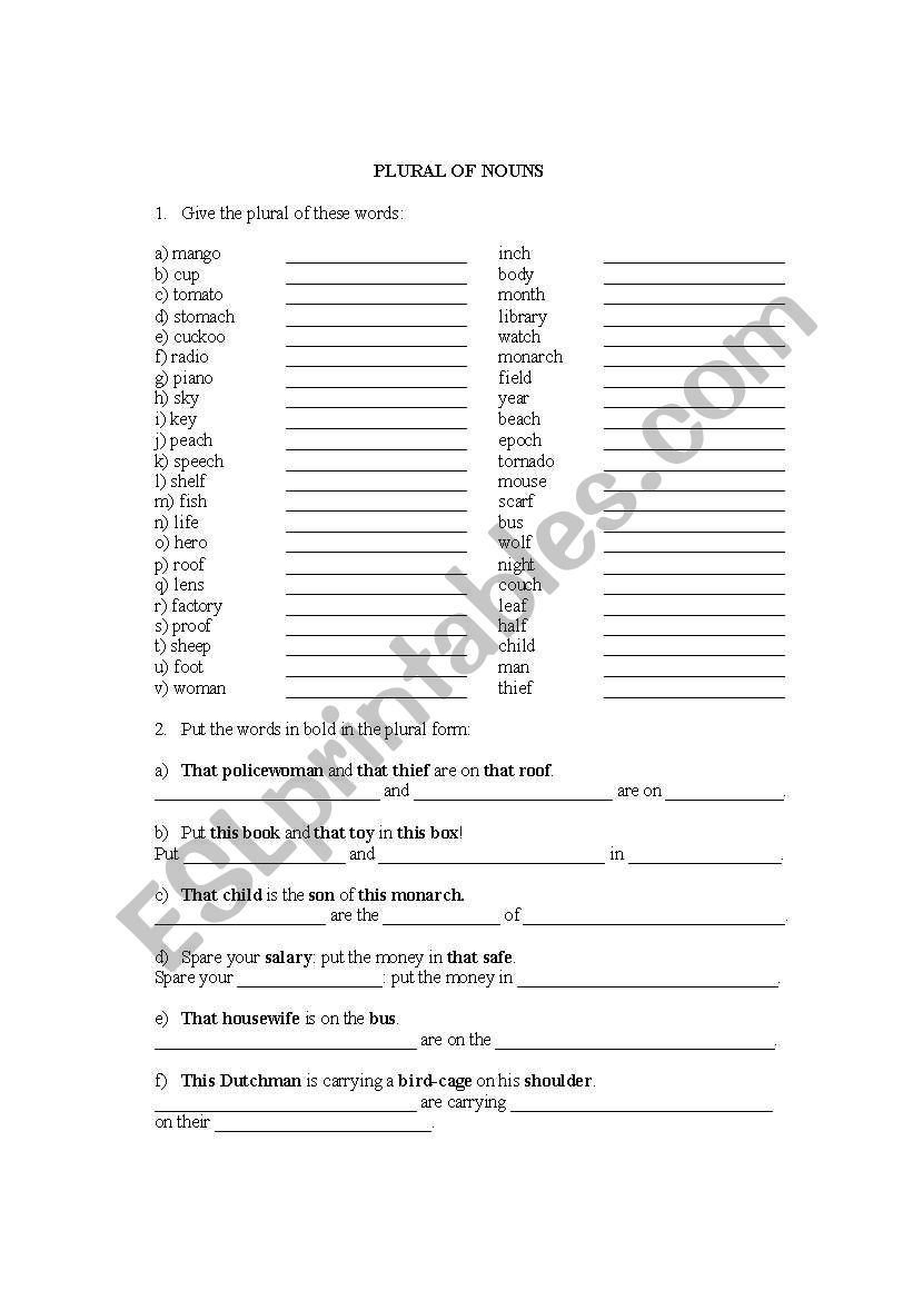 PLURAL OF NOUNS worksheet