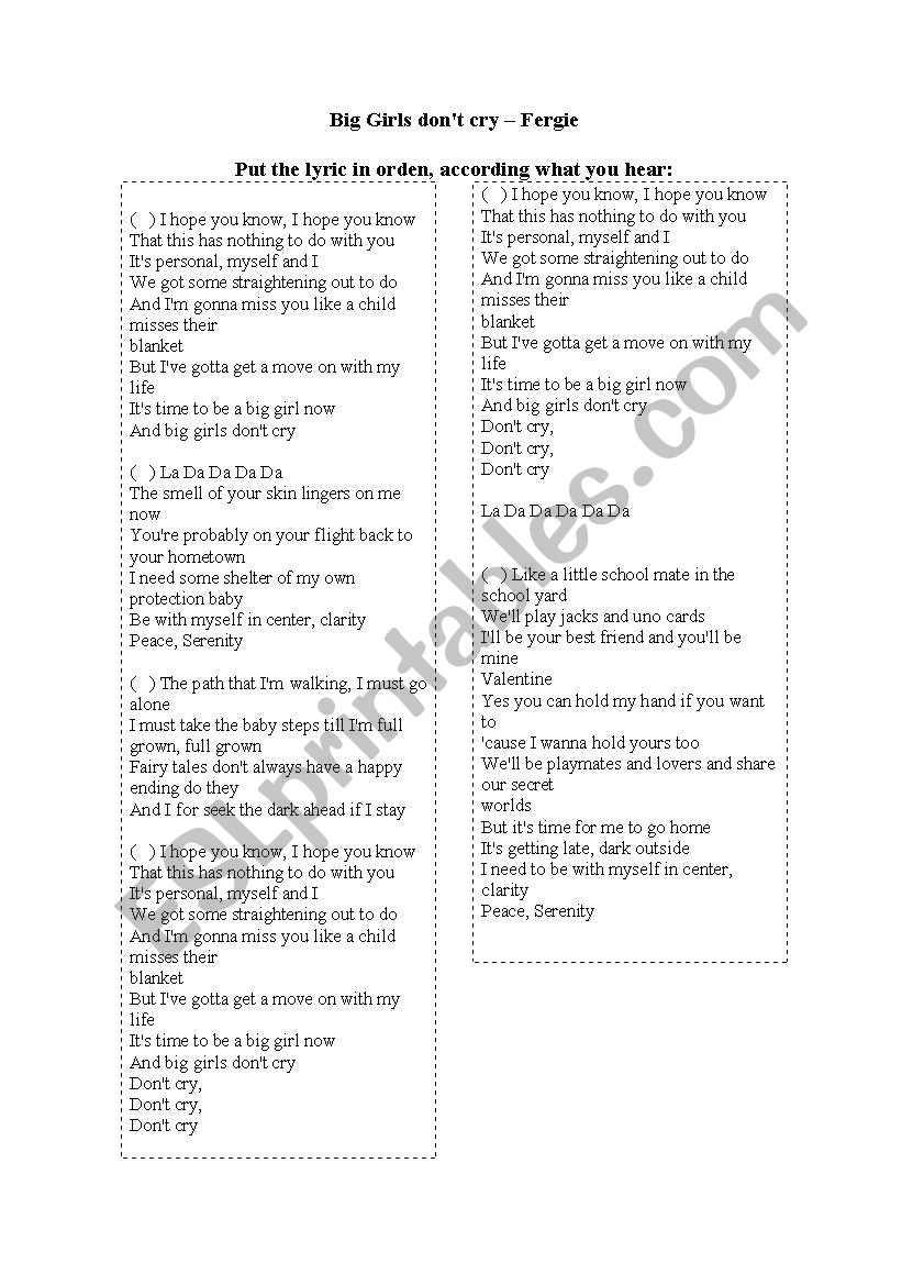 Big Girls dontr Cry- Fergie worksheet