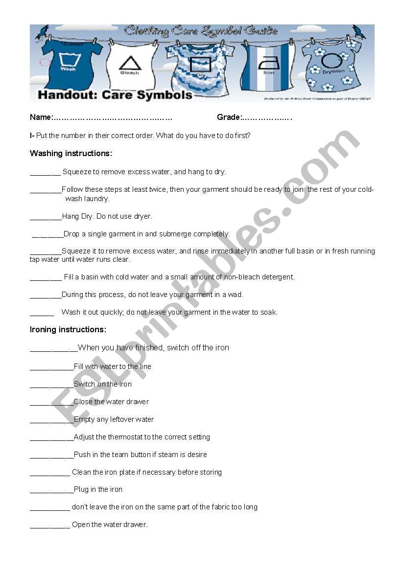 Care symbols guide worksheet