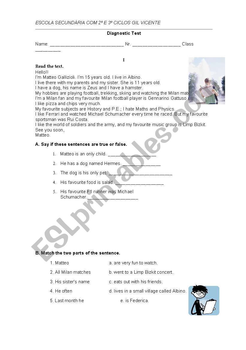 Revision test 7th year worksheet