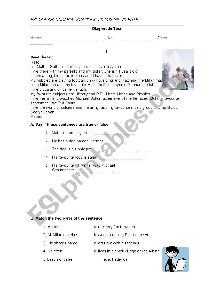 Revision test 7th year worksheet