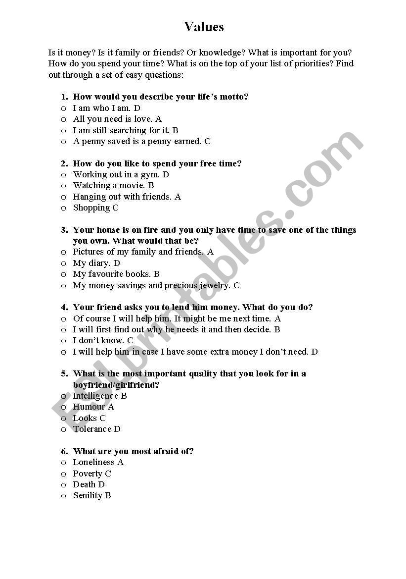 Values - fun personality test worksheet