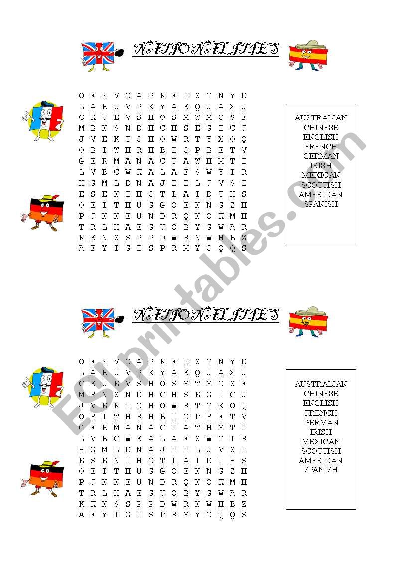 Wordsearch on nationalities worksheet