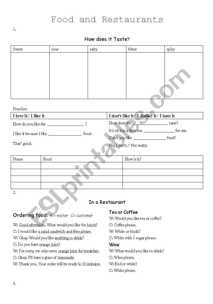 Food and Restaurants worksheet