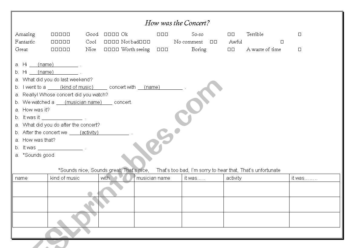 How was the Concert? worksheet