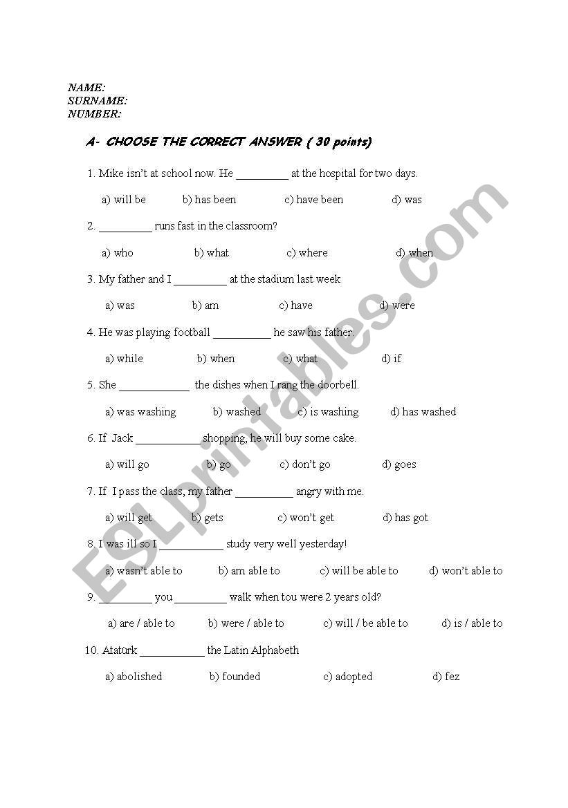 MIXED TENSES TEST worksheet