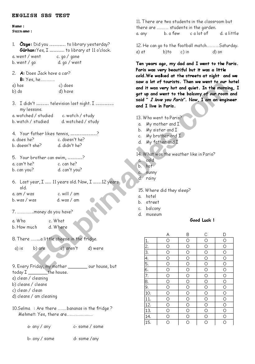 exam worksheet