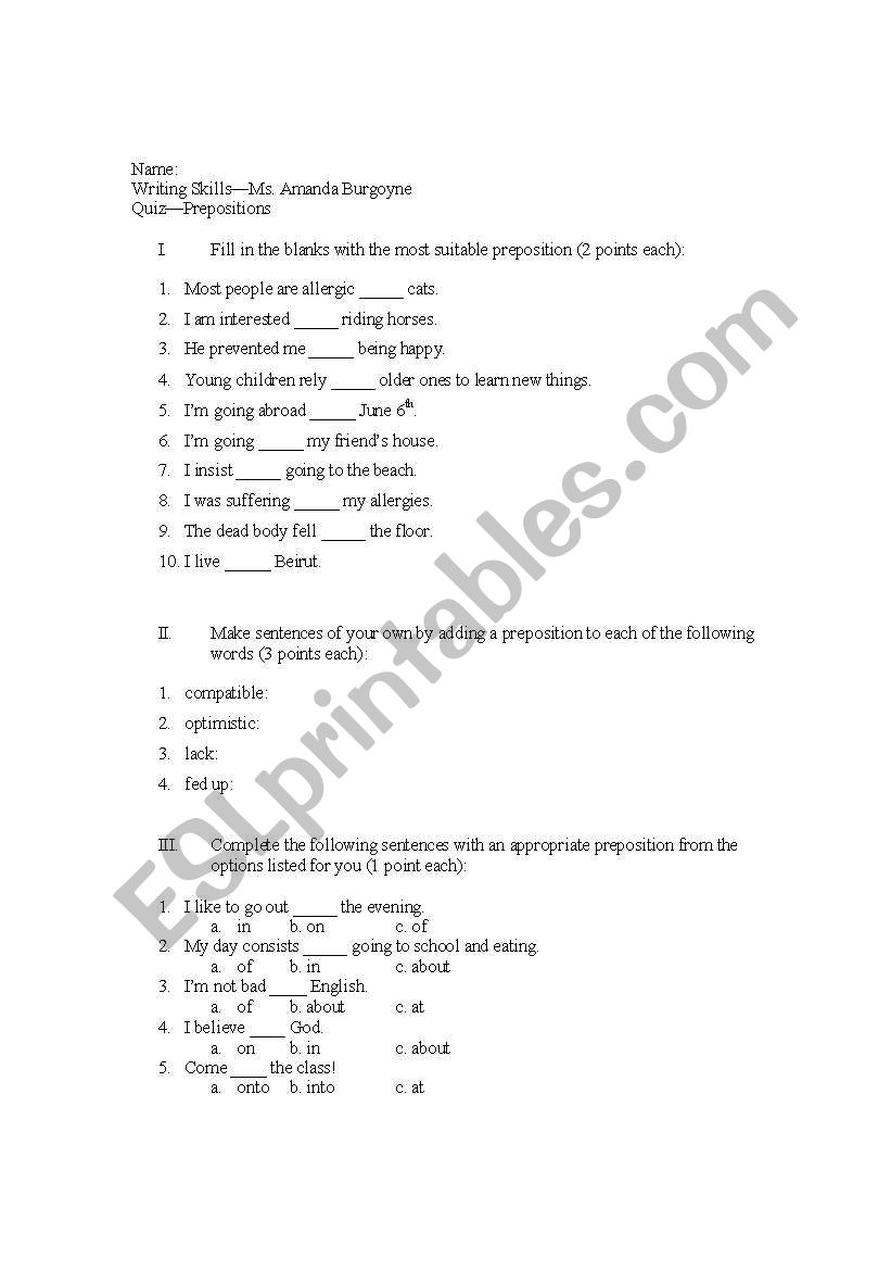 Prepositions Quiz worksheet