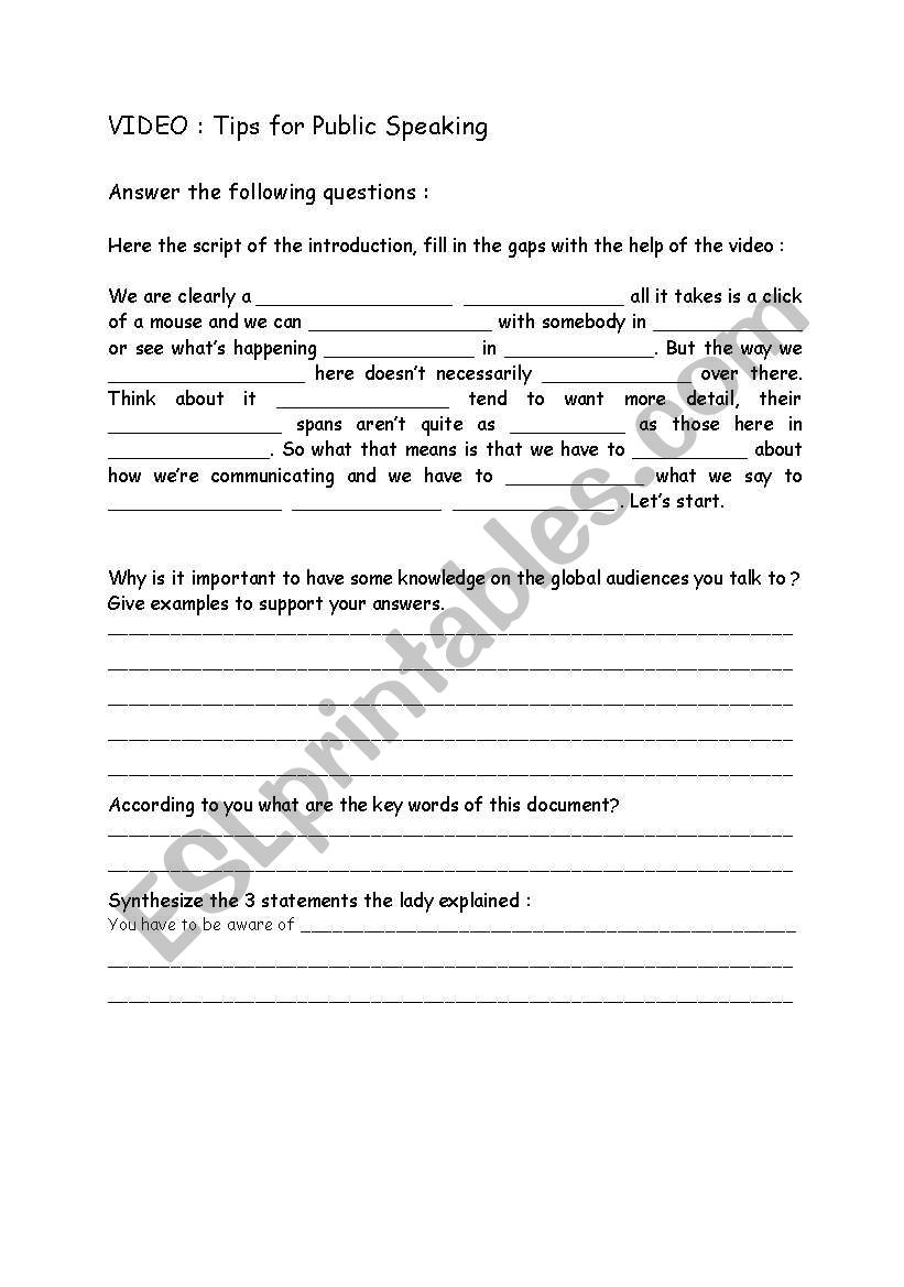 tips for public speaking worksheet