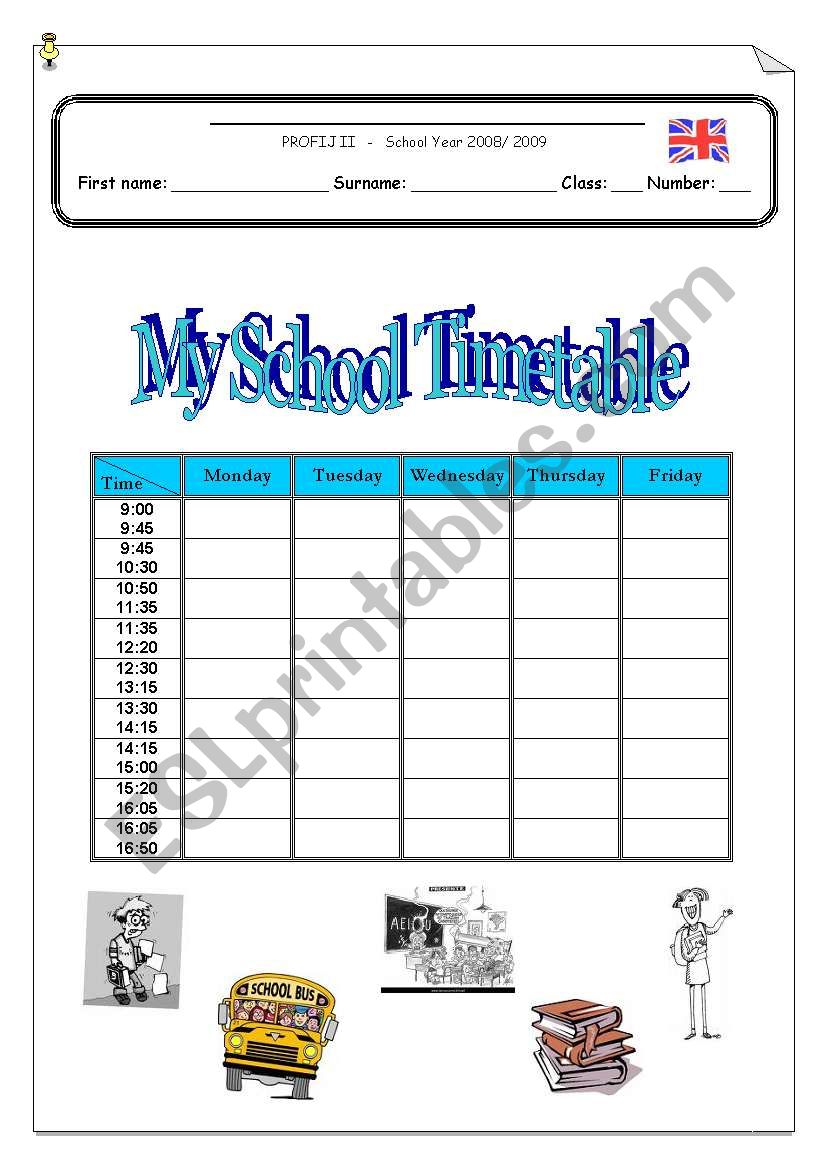 School Timetable worksheet