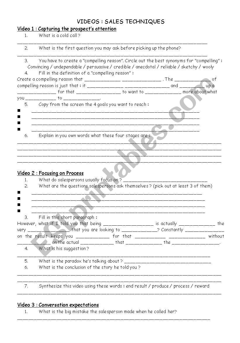 sales techniques worksheet