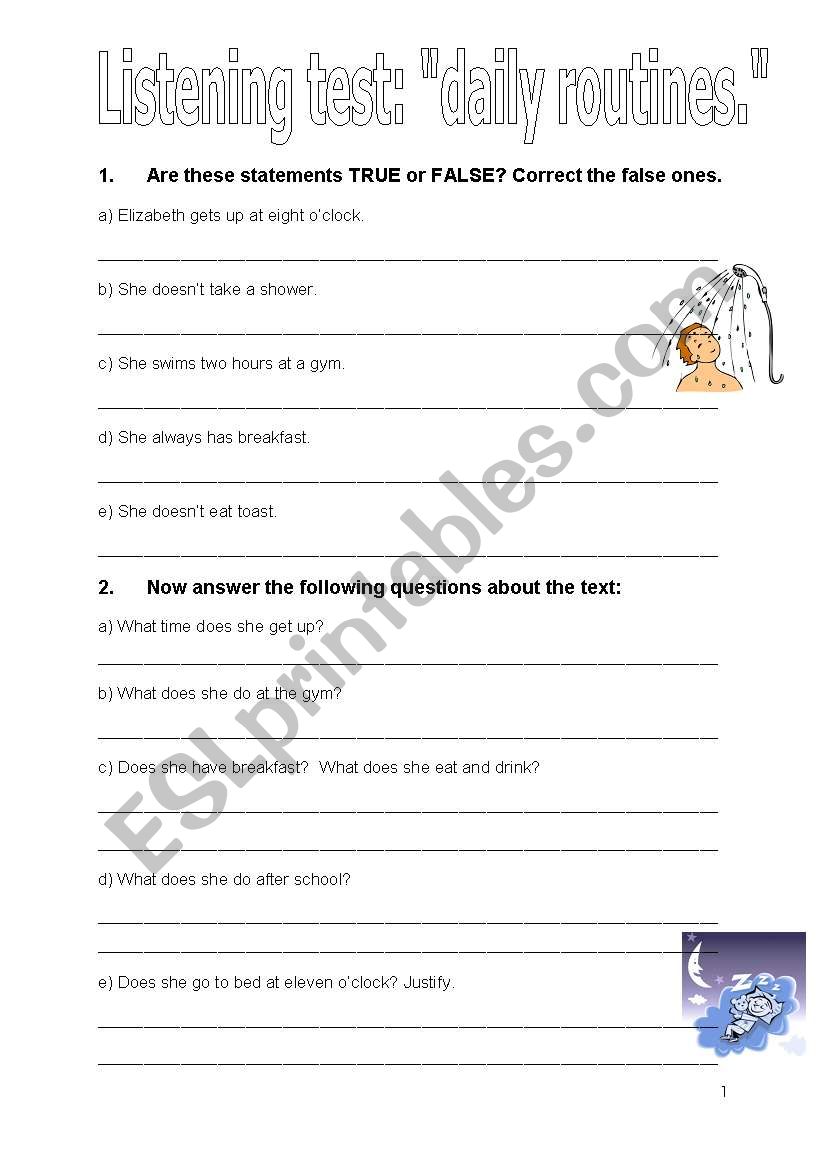 listening test daily routines worksheet