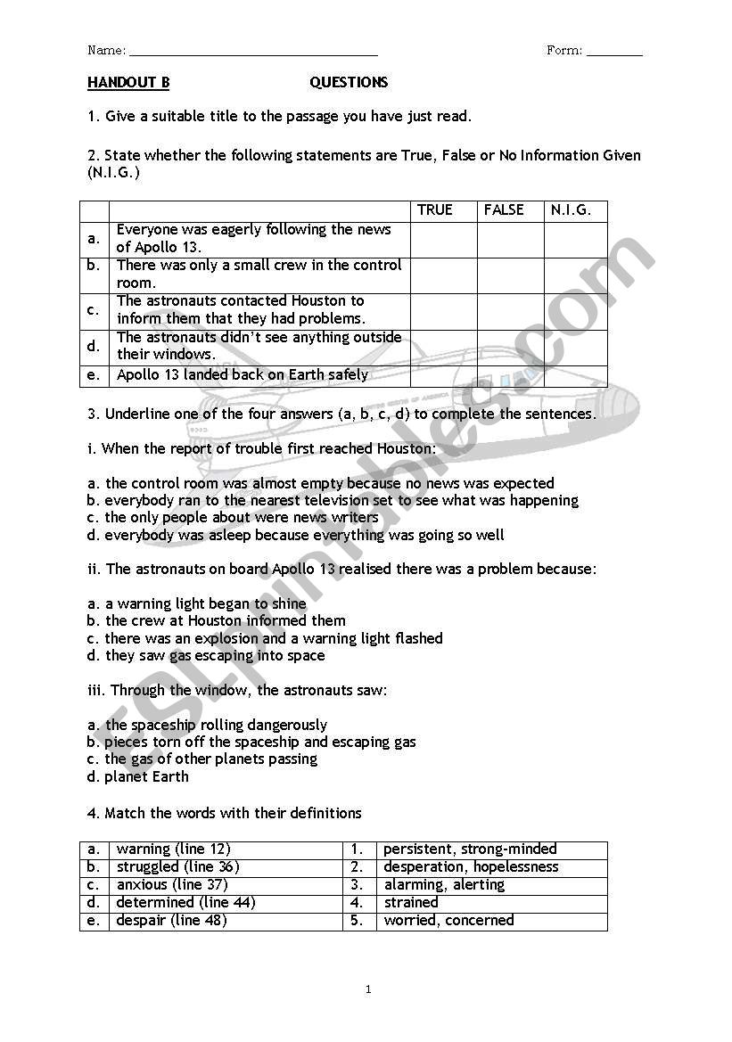 Reading Comprehension Questions - Apollo 13