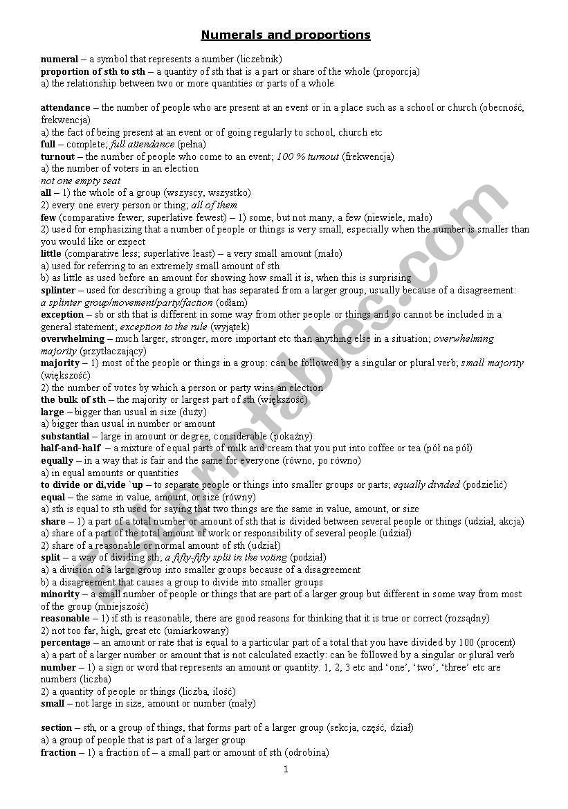 Numerals and proportions worksheet