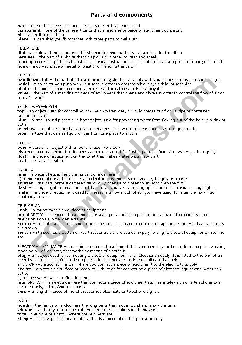 Parts and components worksheet