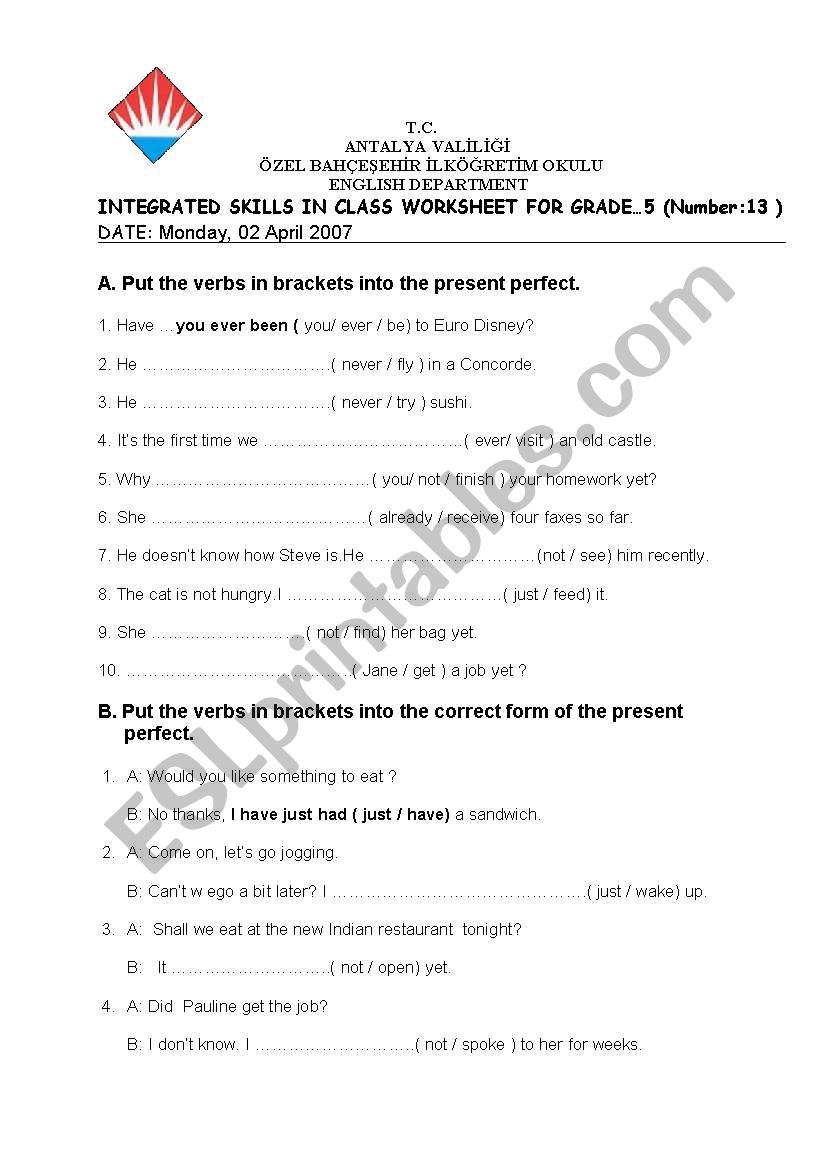 present perfect worksheet