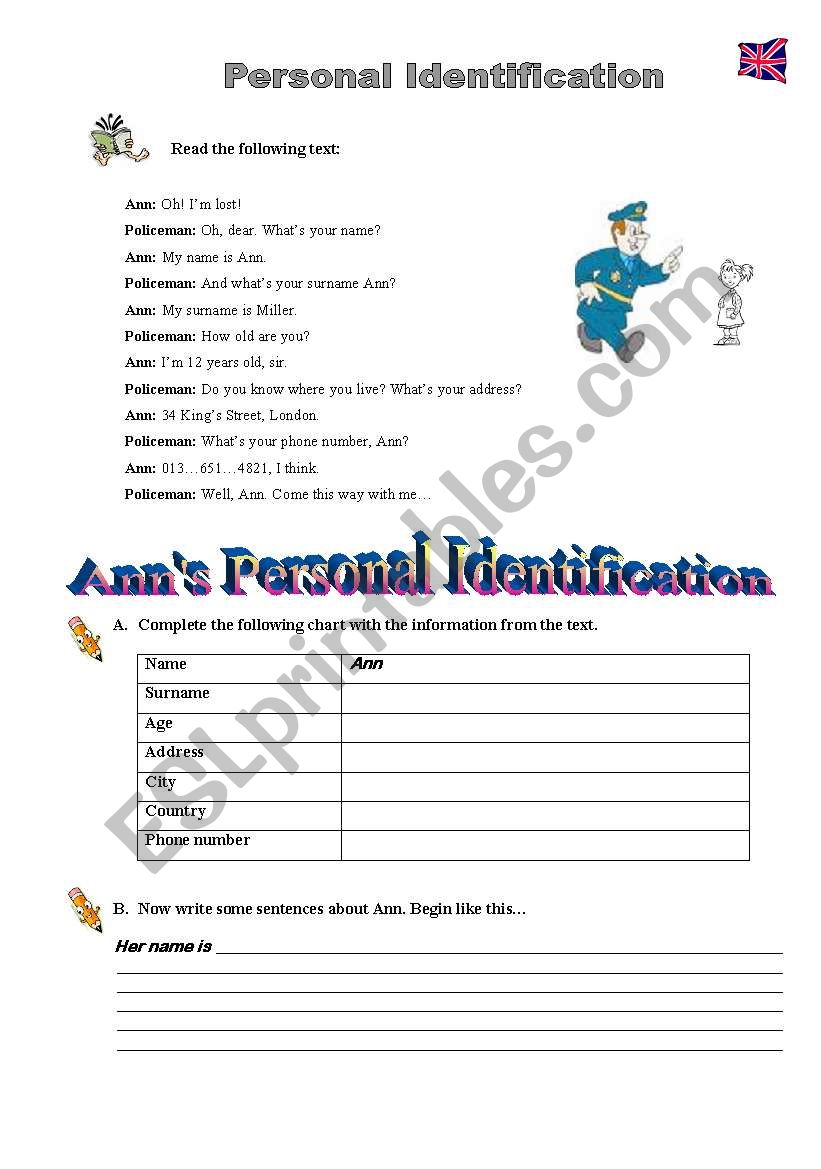 Personal Identification worksheet