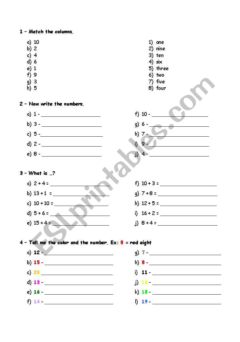 Numbers from 1 to 20 worksheet