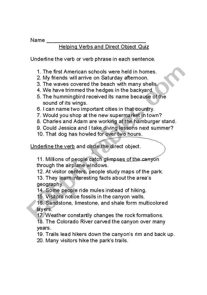 Helping Verbs/Direct Object Quiz