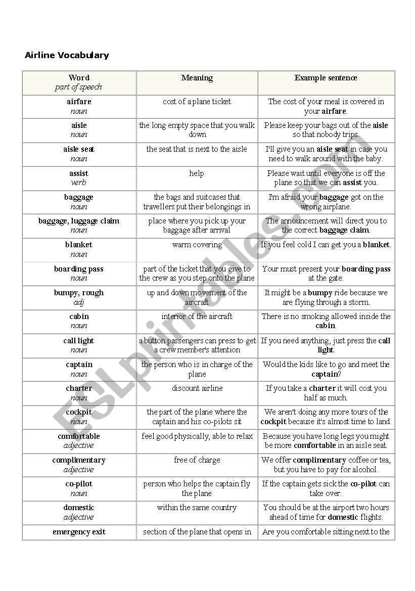 Airline Vocabulary worksheet