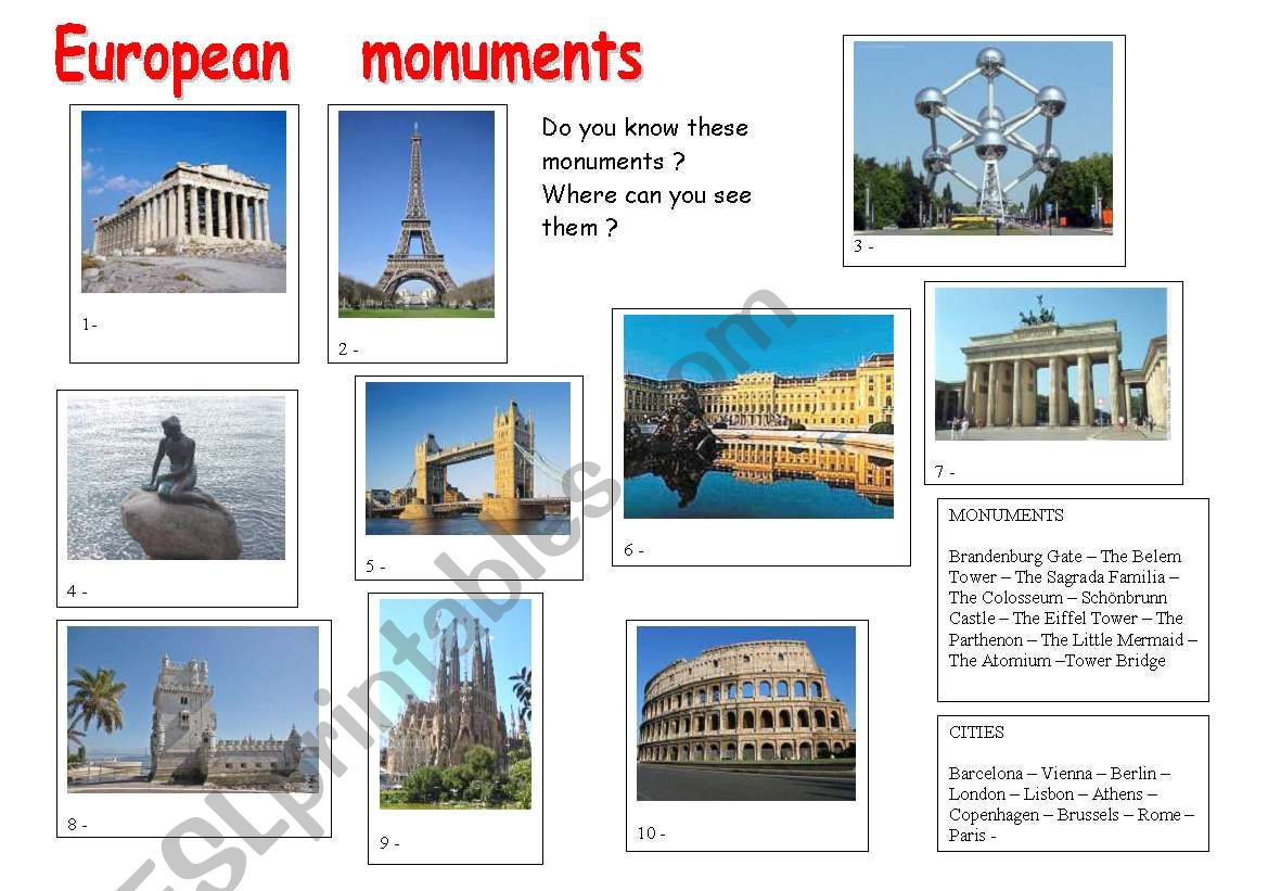 European mouments worksheet