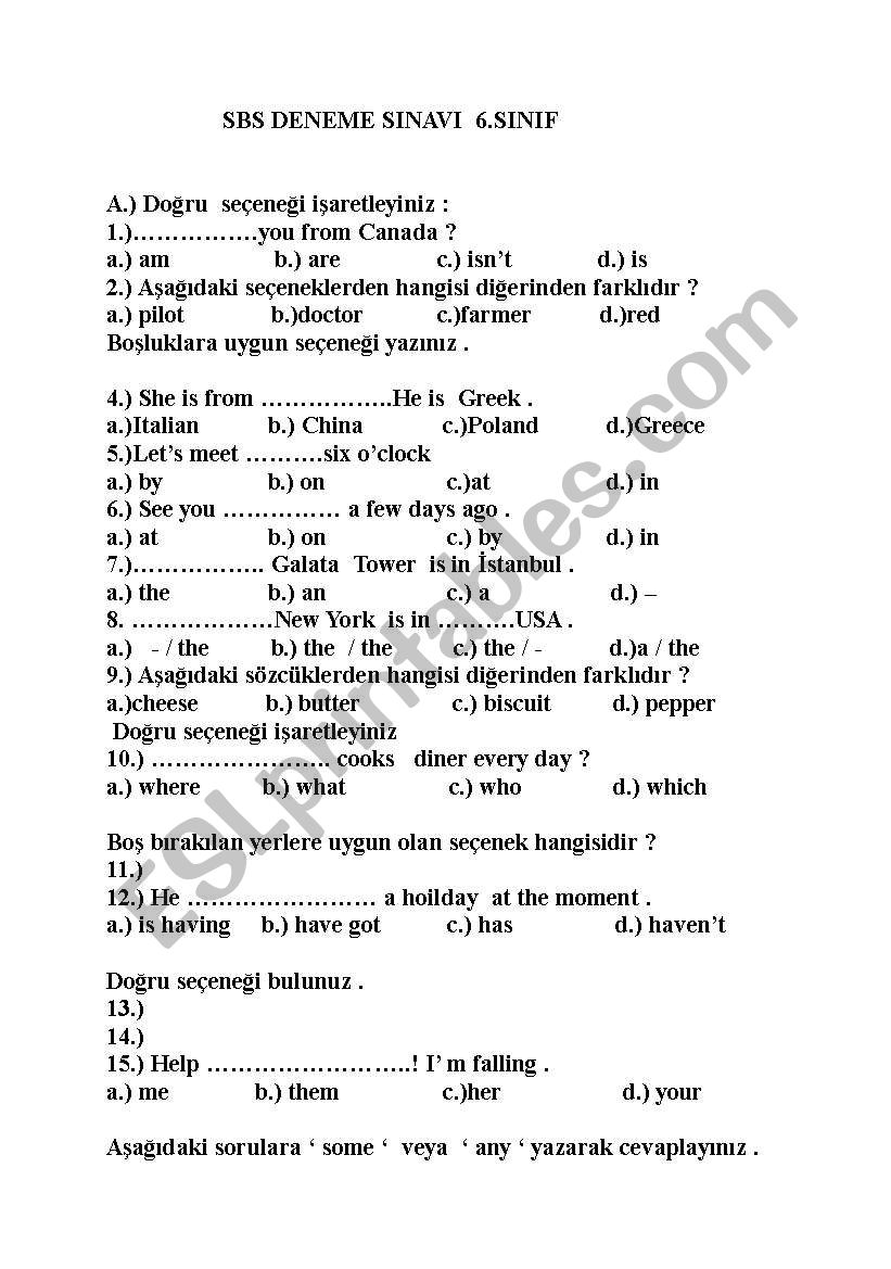 test worksheet