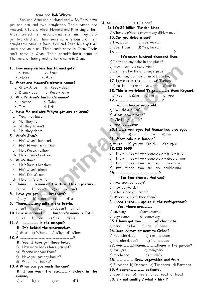 test worksheet