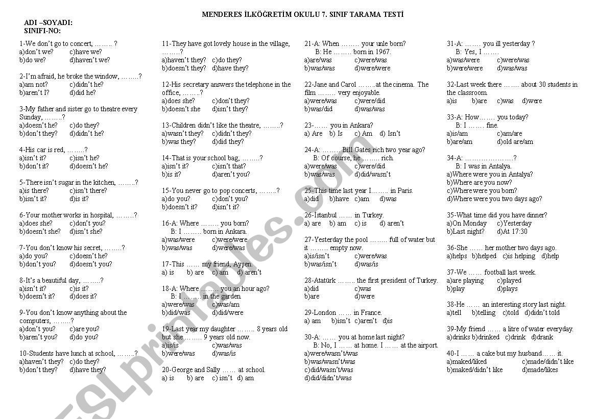 test worksheet