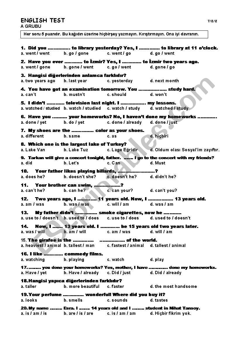 test worksheet