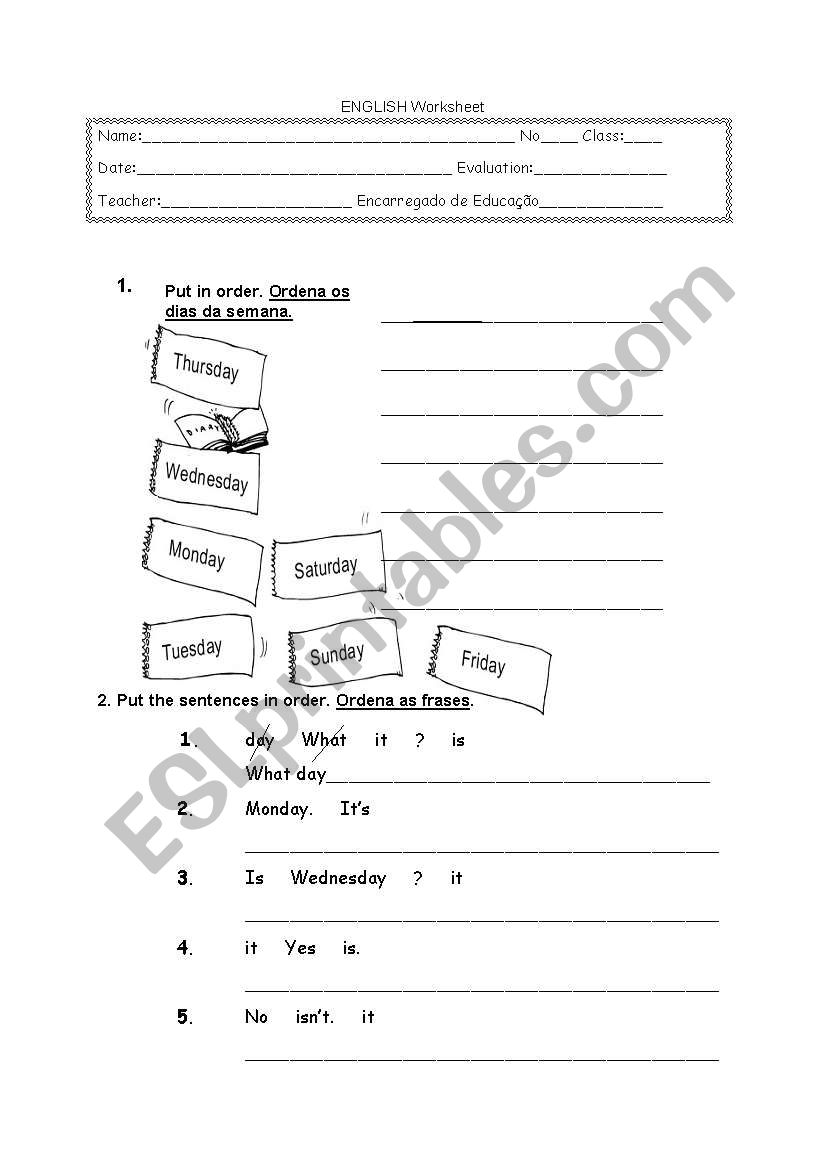 days of the week worksheet